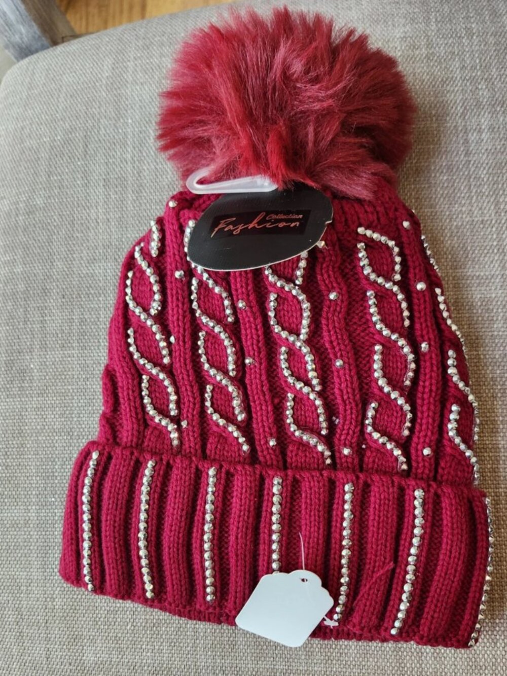 Hat Knit Cable Bling Rhnestones Chunky Beanie - Red